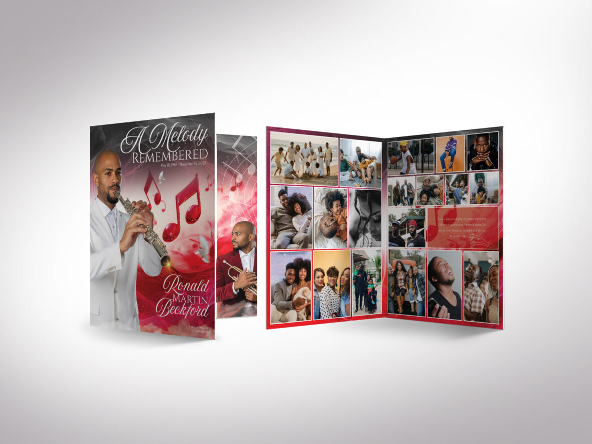 Red Musical Funeral Program Template 8.5x11, 8 Page Memorial Canva (Digital Download)