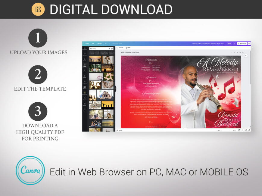 Red Musical Funeral Program Template