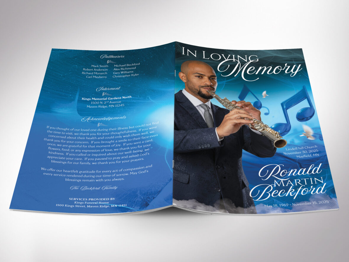 Blue Musical Funeral Program Template Canva 8 Page Obituary 5.5x8.5 Music Bifold (Digital Download)