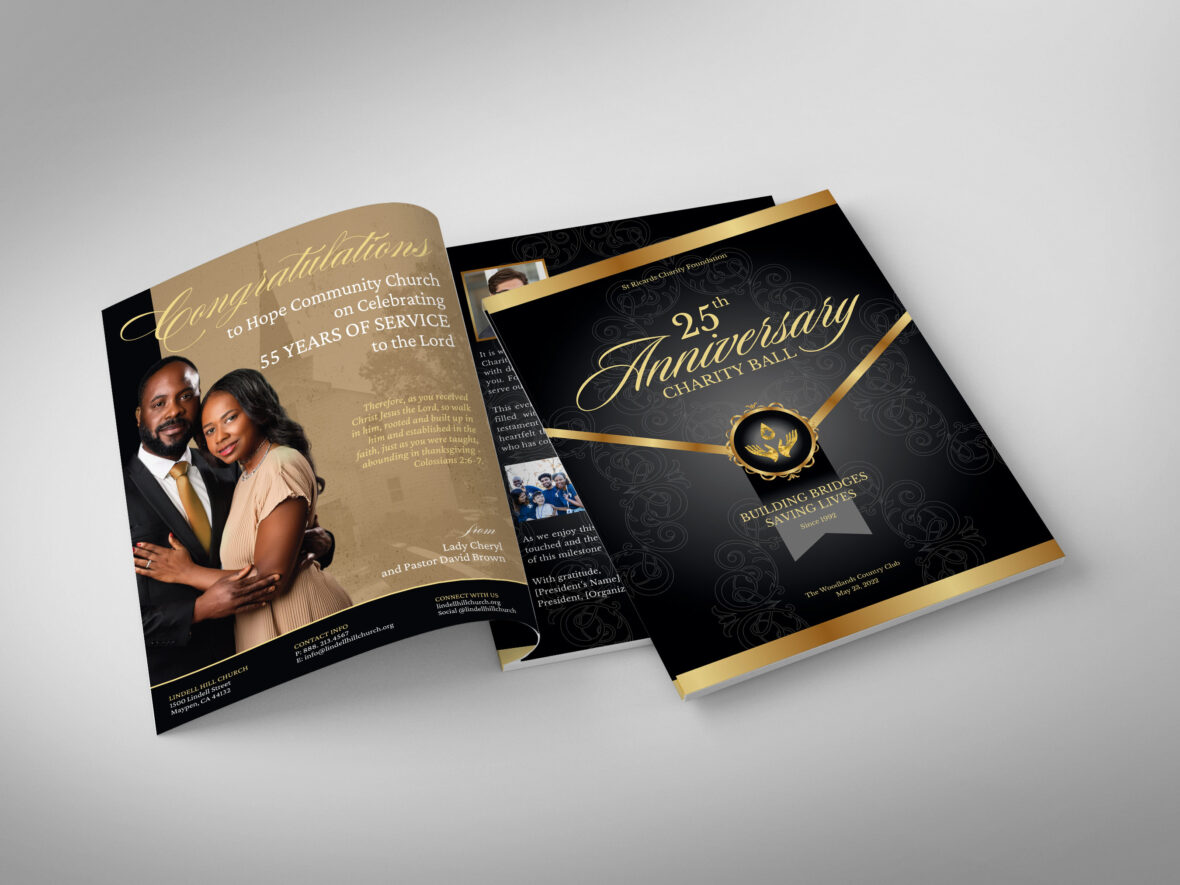 Church Anniversary Souvenir Book Template Black & Gold Gala Program (Canva, 8.5x11, 24 Pages)