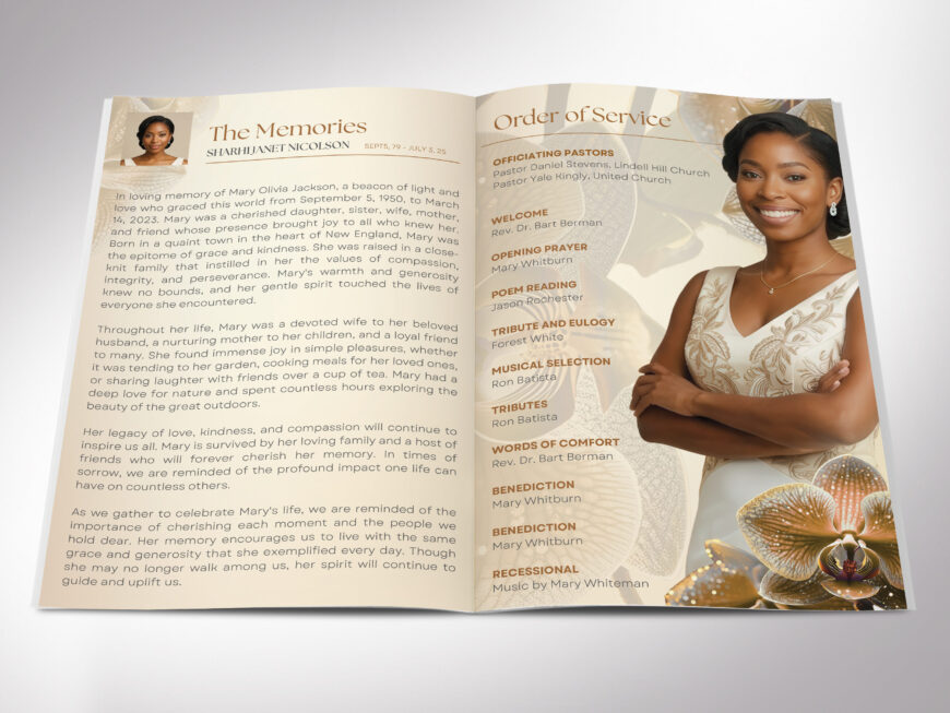 Beige Floral Funeral Program Template | 8 Page