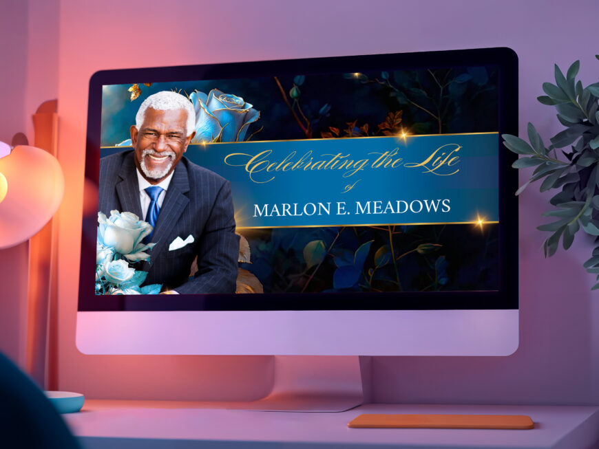 Honor your loved one’s memory with the White & Blue Rose Funeral Slideshow Template, a beautifully designed Canva memorial video in Full HD (1920x1080).