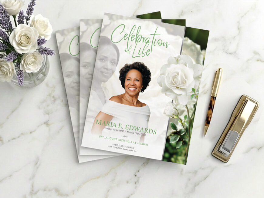 Celebrate the life and service of your beloved with our White Rose Funeral Program Template for Canva