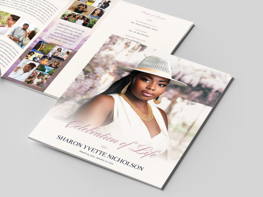 Purple Floral Funeral Program Canva Template 8 Page Booklet 8.5x14 Bifold Obituary Template
