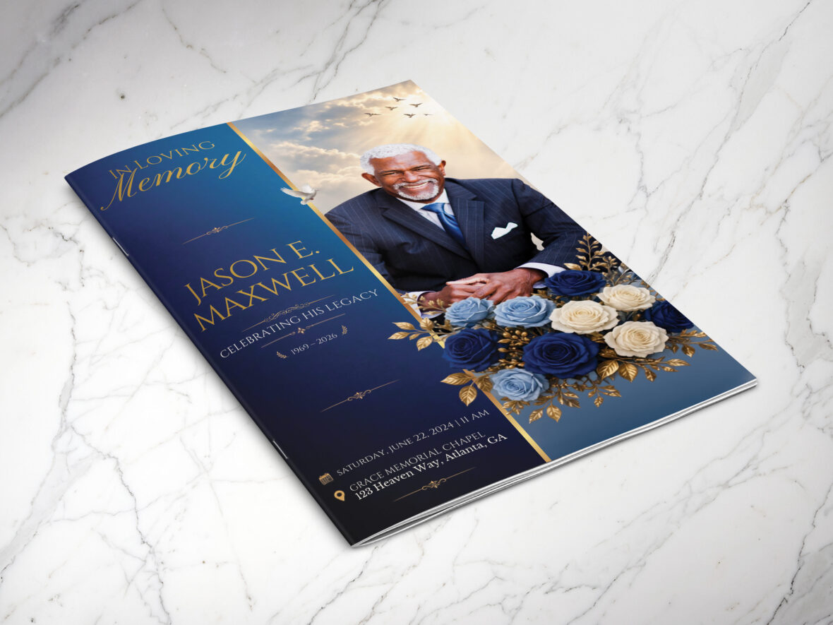 Blue Rose Funeral Program Canva Template 8 Page Bifold Memorial Obituary Booklet (5.5x8.5)