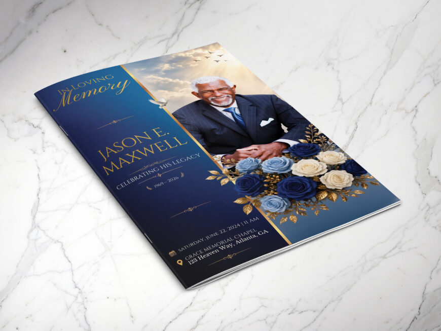 Blue Rose Funeral Program Canva Template 8 Page Bifold Memorial Obituary Booklet (5.5x8.5)
