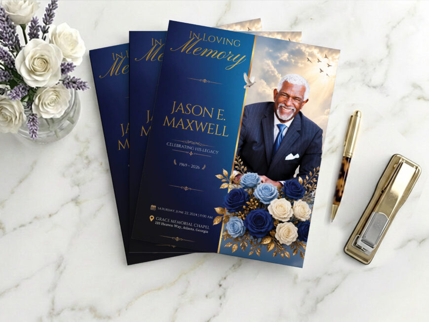 Blue Rose Funeral Program Canva Template 4 Page