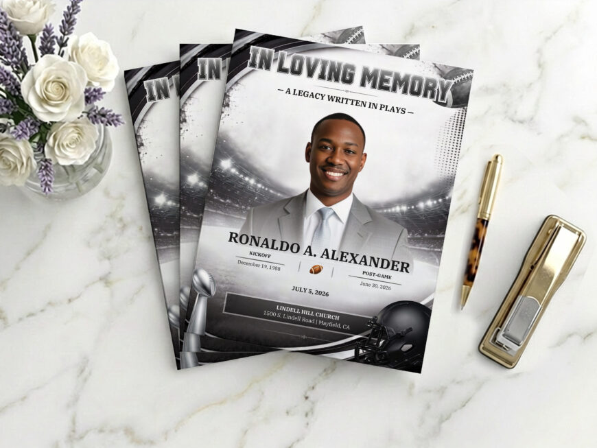 Football Funeral Program Canva Template Black Silver 8 Page 8.5x11 Bifold Booklet (Digital Download)