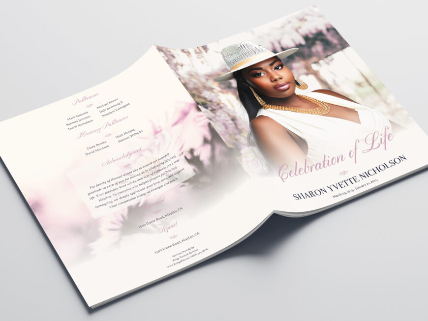 Purple Floral Funeral Program Canva Template 8 Page