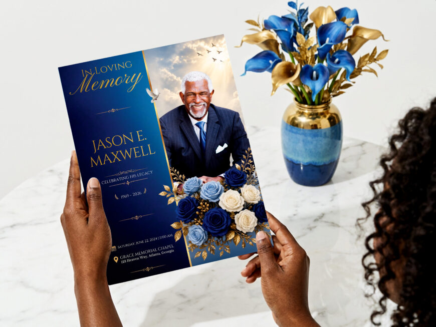 Blue Rose Funeral Program Canva Template 4 Page Tabloid Memorial Obituary Booklet (11x17)