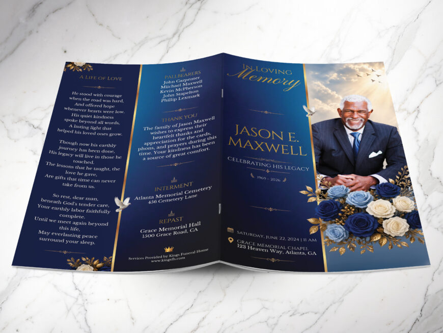 Blue Rose Funeral Program Canva Template 8 Page