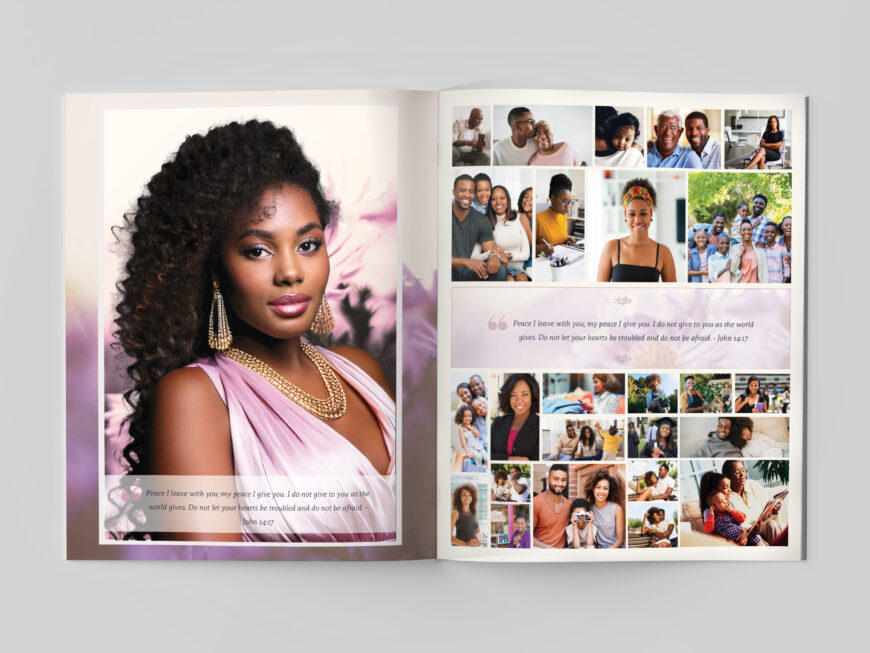 Purple Floral Funeral Program Canva Template 8 Page