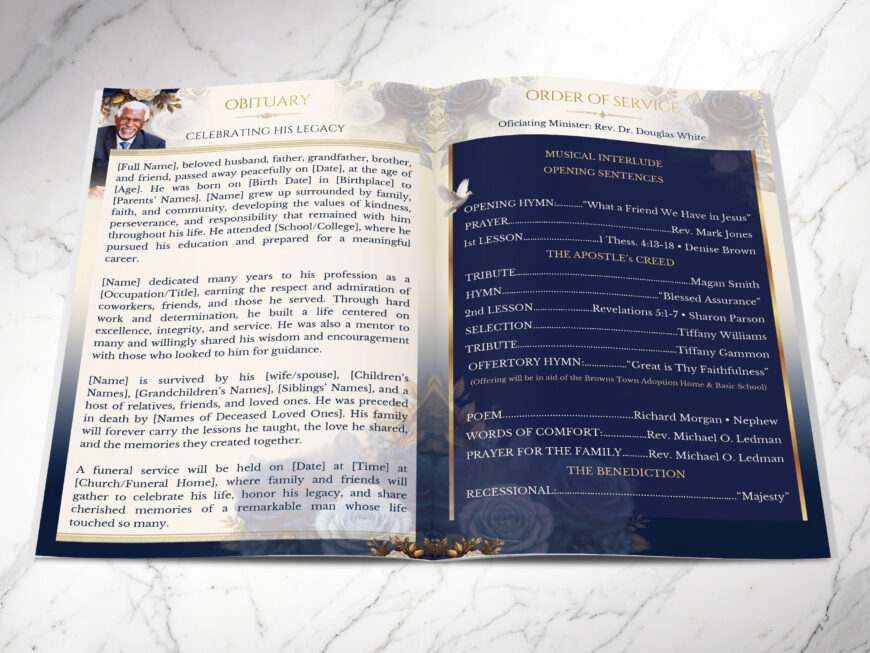 Blue Rose Funeral Program Canva Template 8 Page
