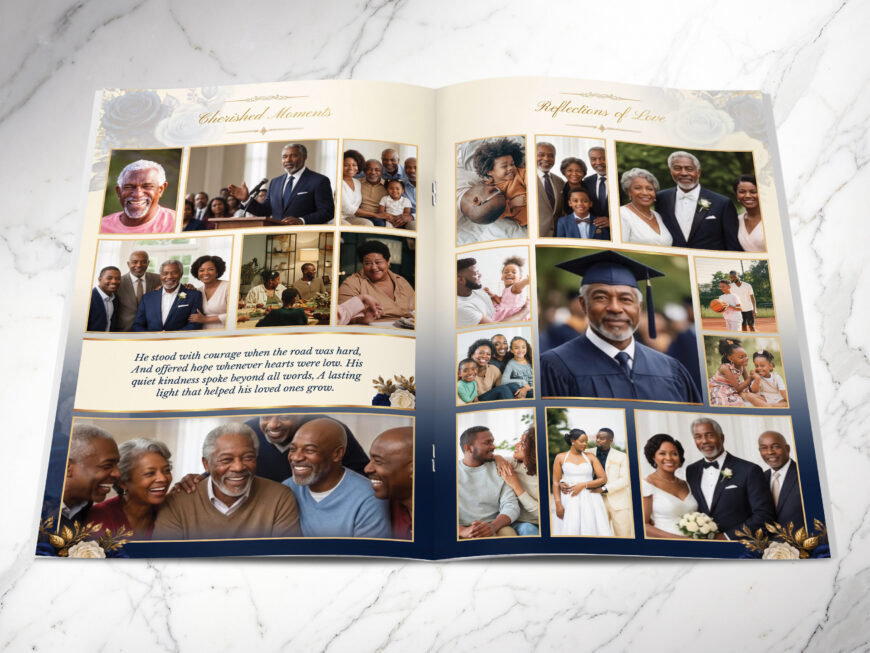 Blue Rose Funeral Program Canva Template 8 Page