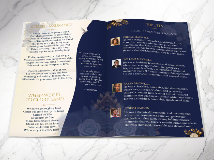 Blue Rose Funeral Program Canva Template 8 Page