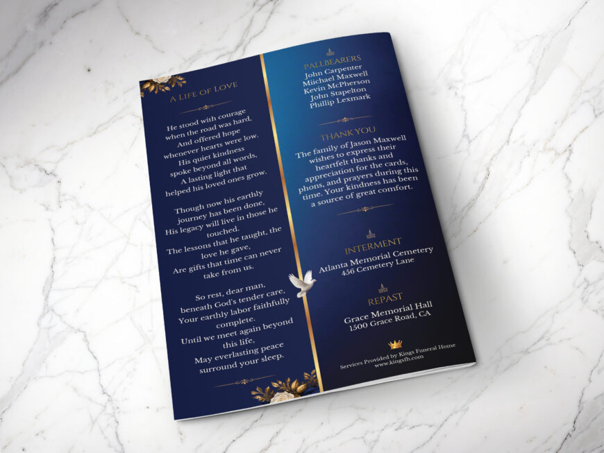 Blue Rose Funeral Program Canva Template 8 Page