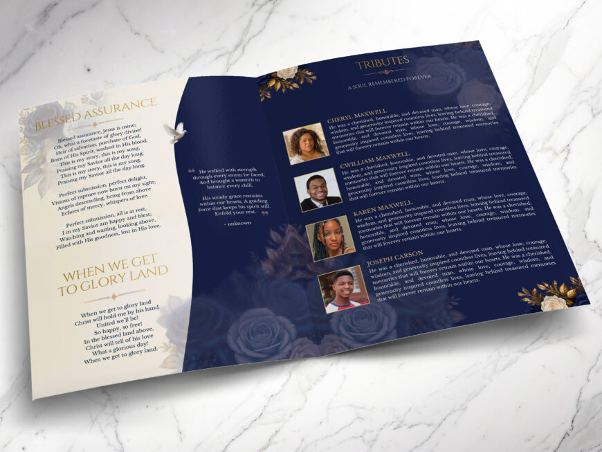 Blue Rose Funeral Program Canva Template 8 Page
