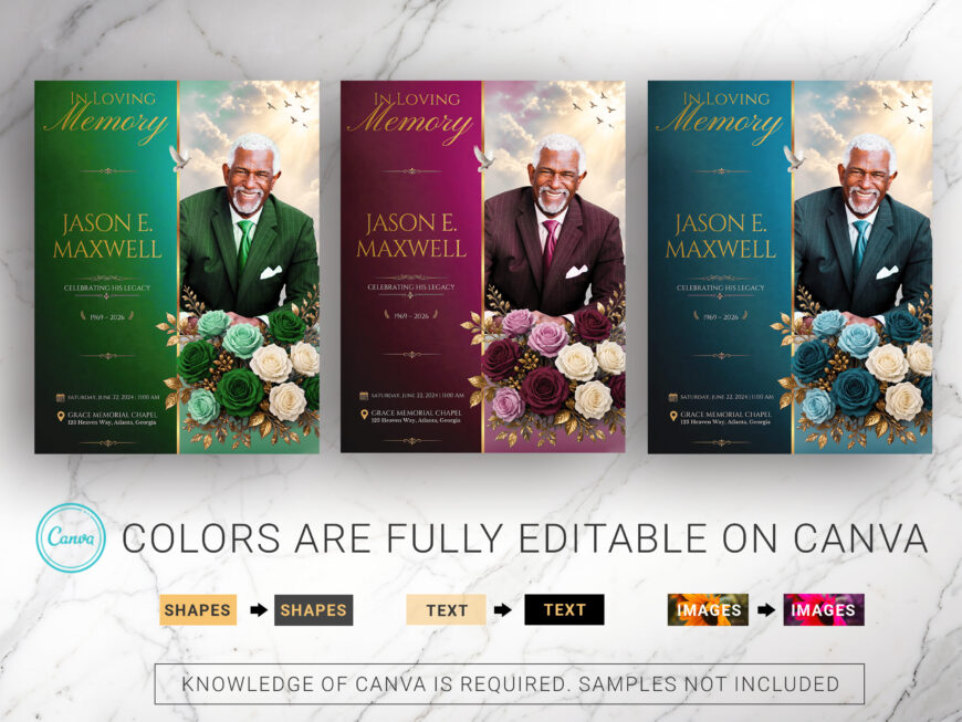Blue Rose Funeral Program Canva Template 8 Page