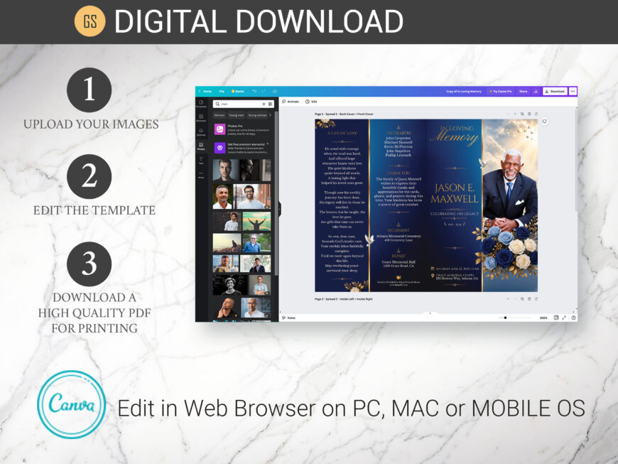 Blue Rose Funeral Program Canva Template 8 Page